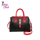 red black crocodile pattern handbag sassy chick logo