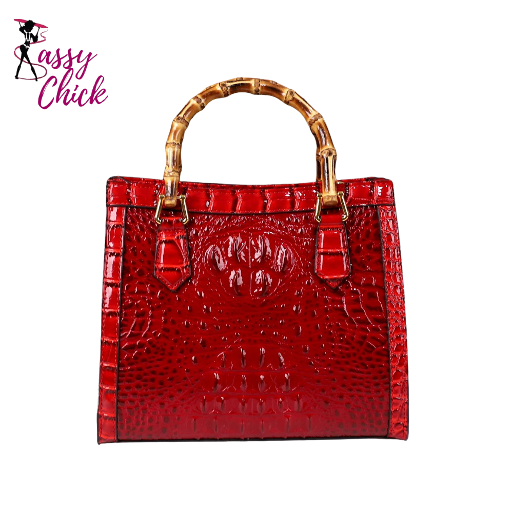 Crocodile Patterned Middle Aged Bamboo Joint Handbag Sassy Chick Logo 
