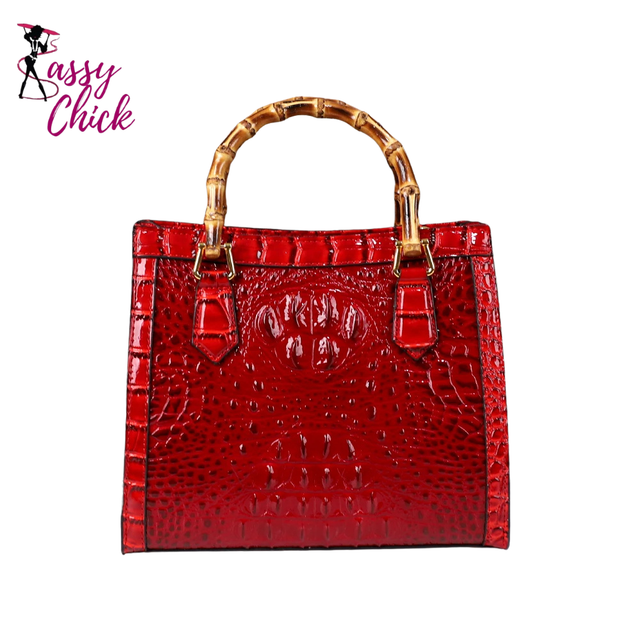 Crocodile Patterned Middle Aged Bamboo Joint Handbag Sassy Chick Logo 