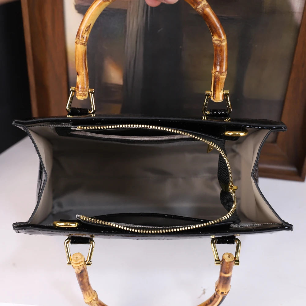 Crocodile Patterned Middle Aged Bamboo Joint Handbag