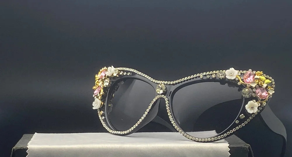 Crystal Bling Retro Cat Eye Pearl Rhinestone Sunglasses