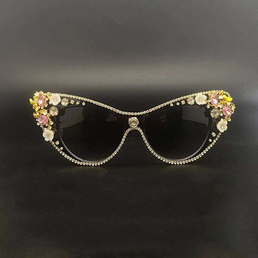 Gold Crystal Bling Retro Cat Eye Pearl Rhinestone Sunglasses