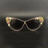 Gold Crystal Bling Retro Cat Eye Pearl Rhinestone Sunglasses