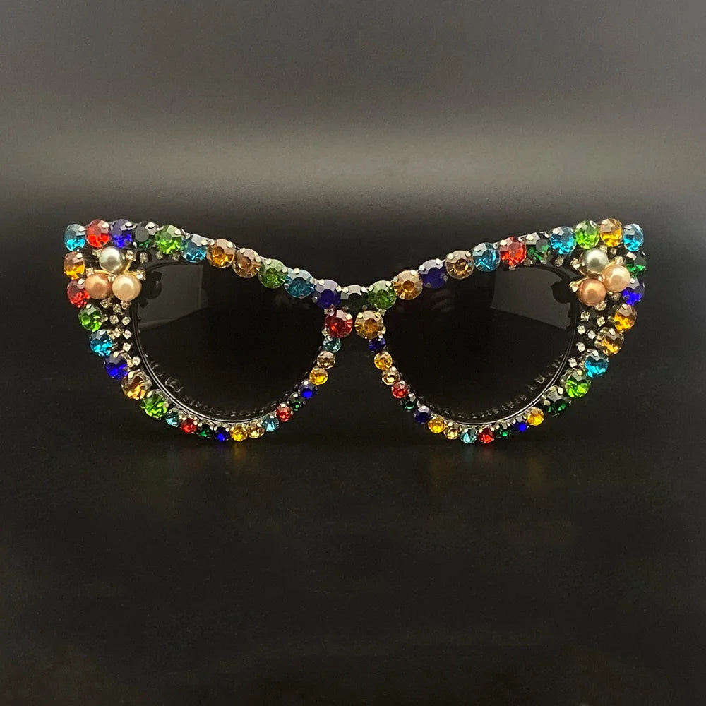 Crystal Bling Retro Cat Eye Pearl Rhinestone Sunglasses