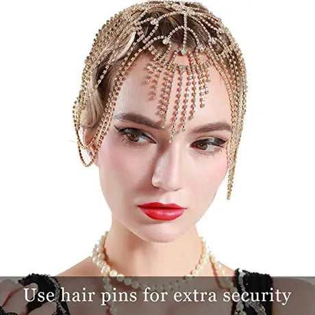 Crystal rhinestone bridal flapper headpiece with forehead and backside chain design