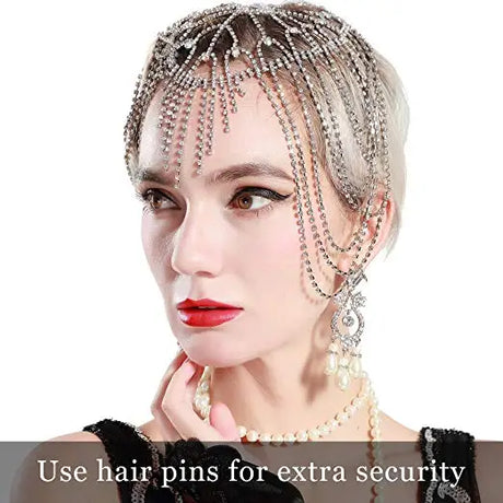 Crystal rhinestone bridal flapper headpiece with forehead and backside chain design