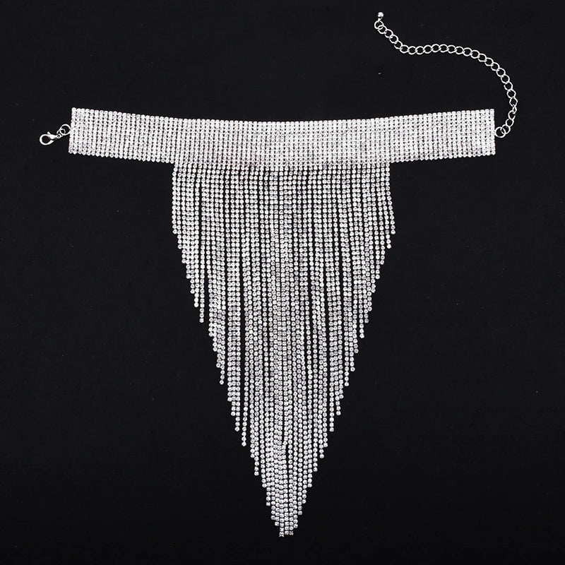 Silver Crystal Chain Tassel Long Necklace