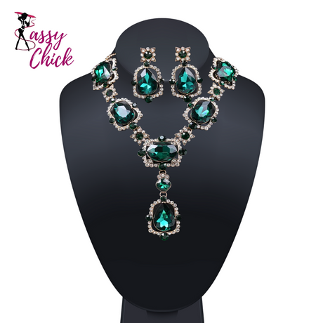 Crystal Drop Earrings Emerald Green Necklace Sassy Chick Logo