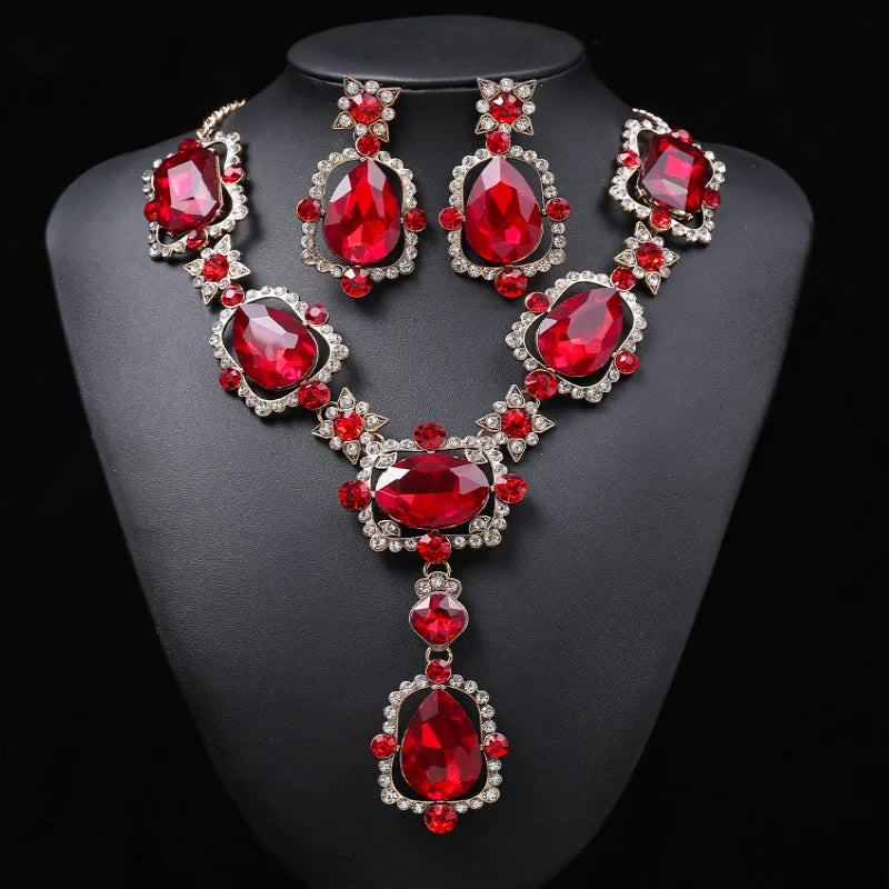 Crystal Drop Earrings Red Necklace