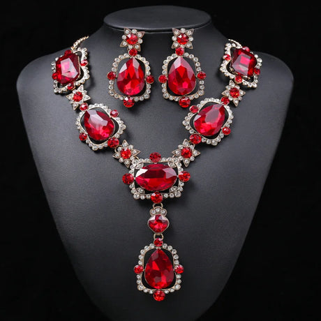 Crystal Drop Earrings Red Necklace