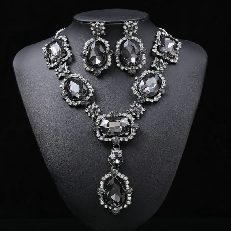 Crystal Drop Earrings Grey Necklace
