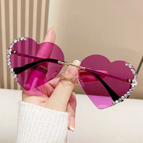 Pink Crystal Loving Heart Fashionable Frameless Gradient Sunglasses