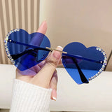 Blue Crystal Loving Heart Fashionable Frameless Gradient Sunglasses