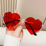 Red Crystal Loving Heart Fashionable Frameless Gradient Sunglasses