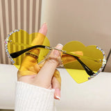 Gold Crystal Loving Heart Fashionable Frameless Gradient Sunglasses