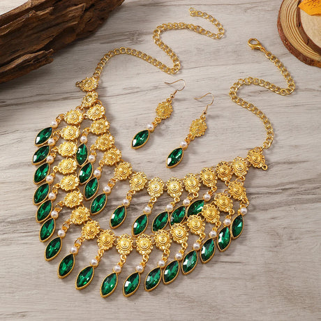 Emerald Crystal Tassel Flower Pearl Jewelry Sets 