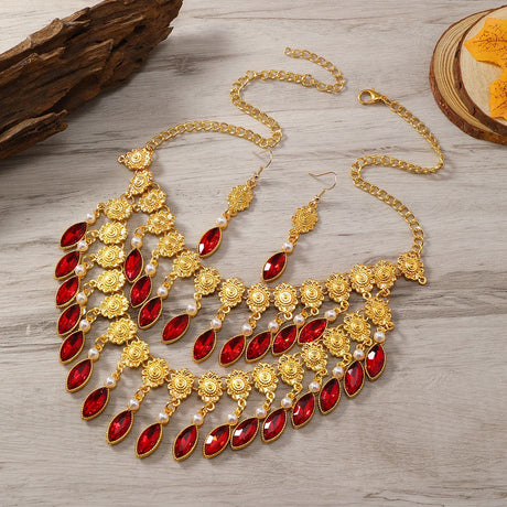 Red Crystal Tassel Flower Pearl Jewelry Sets