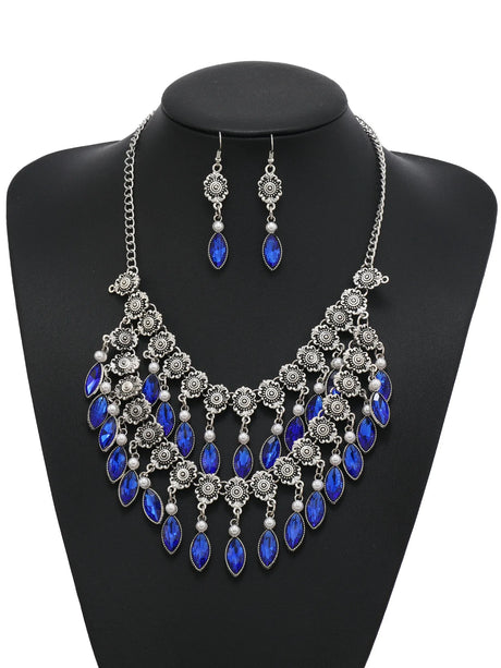 Blue Crystal Tassel Flower Pearl Jewelry Sets