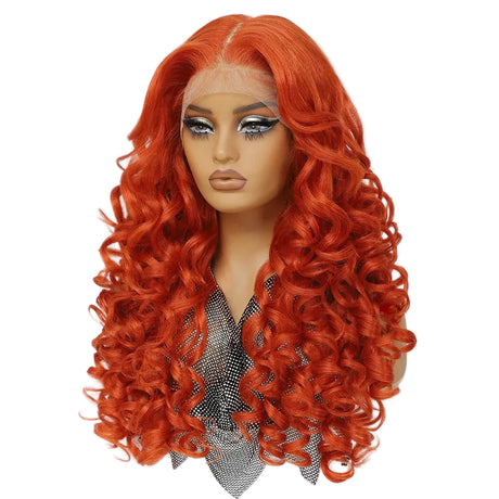 Red Curly Lace Front with Bangs Synthetic Wig