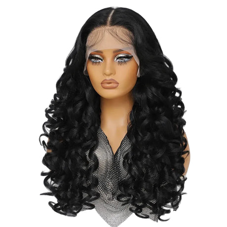 Black Curly Lace Front with Bangs Synthetic Wig