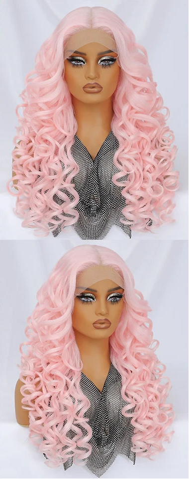 Pink Curly Lace Front with Bangs Synthetic Wig