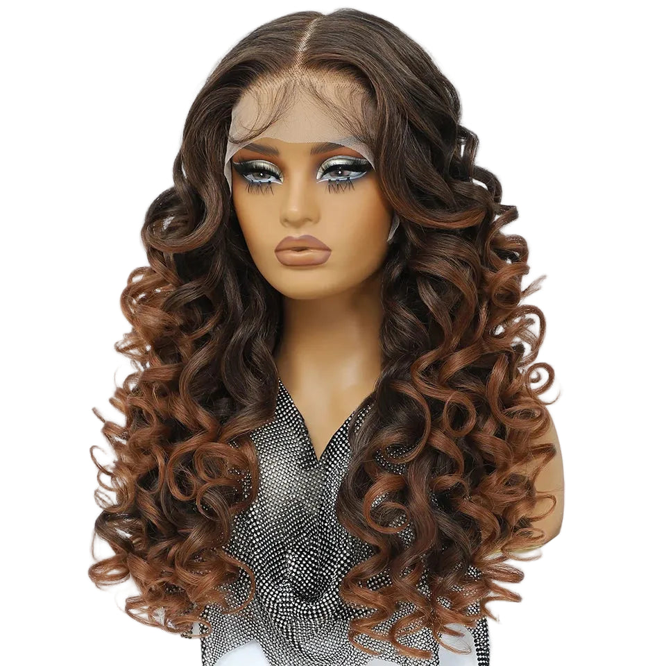 Black Brown Curly Lace Front with Bangs Synthetic Wig