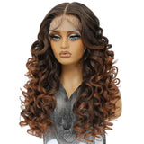 Black Brown Curly Lace Front with Bangs Synthetic Wig