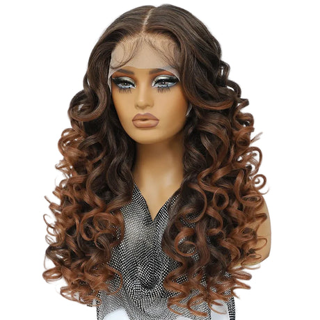 Black Brown Curly Lace Front with Bangs Synthetic Wig