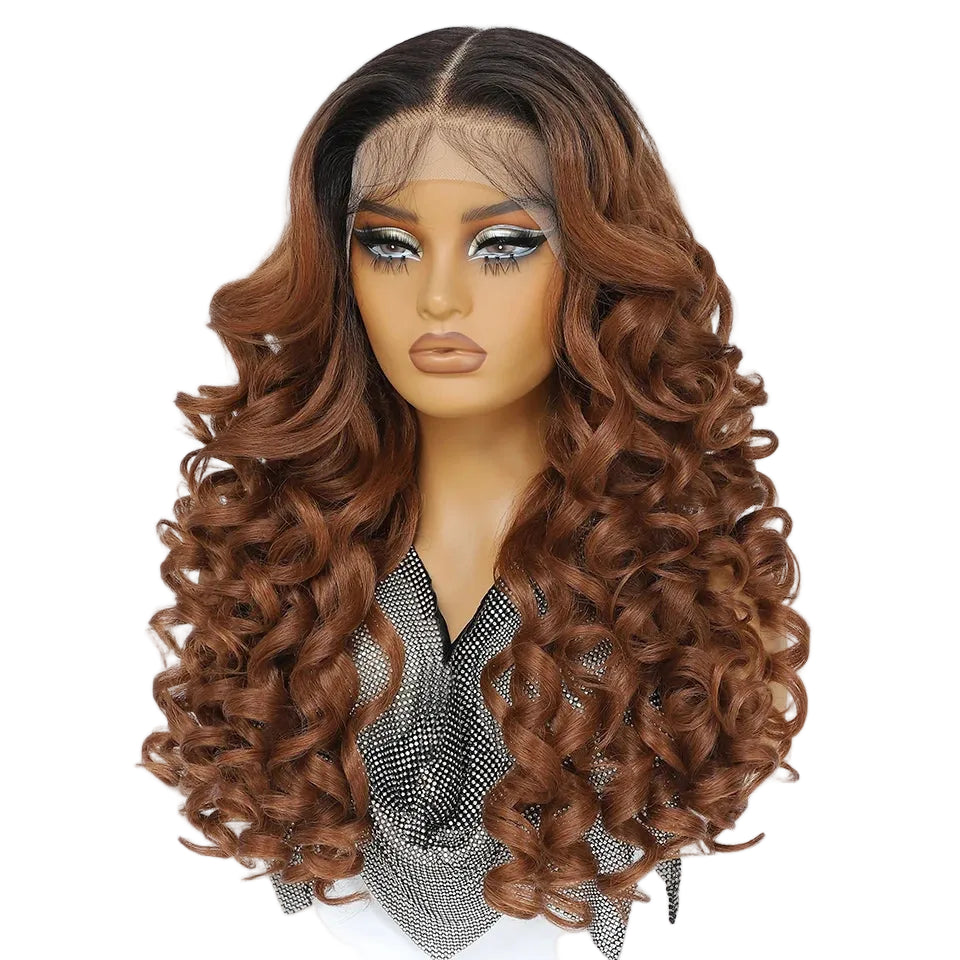 Brown Curly Lace Front with Bangs Synthetic Wig