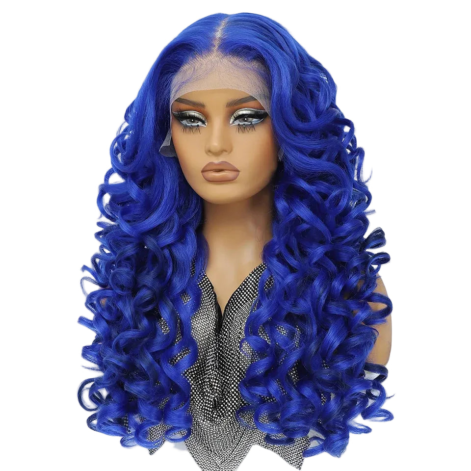 Blue Curly Lace Front with Bangs Synthetic Wig