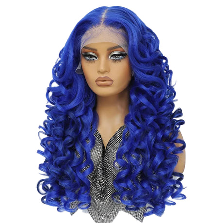 Blue Curly Lace Front with Bangs Synthetic Wig