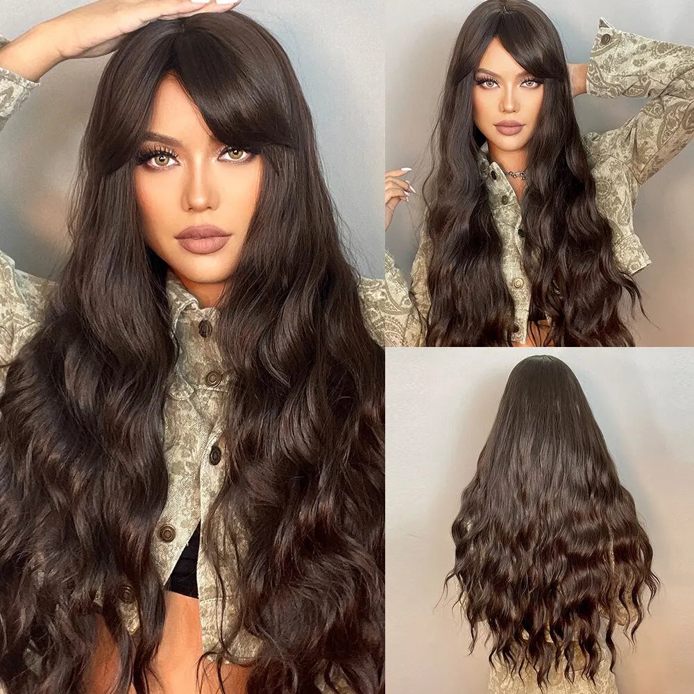Brown Curly Long with Bangs Synthetic Wigs 