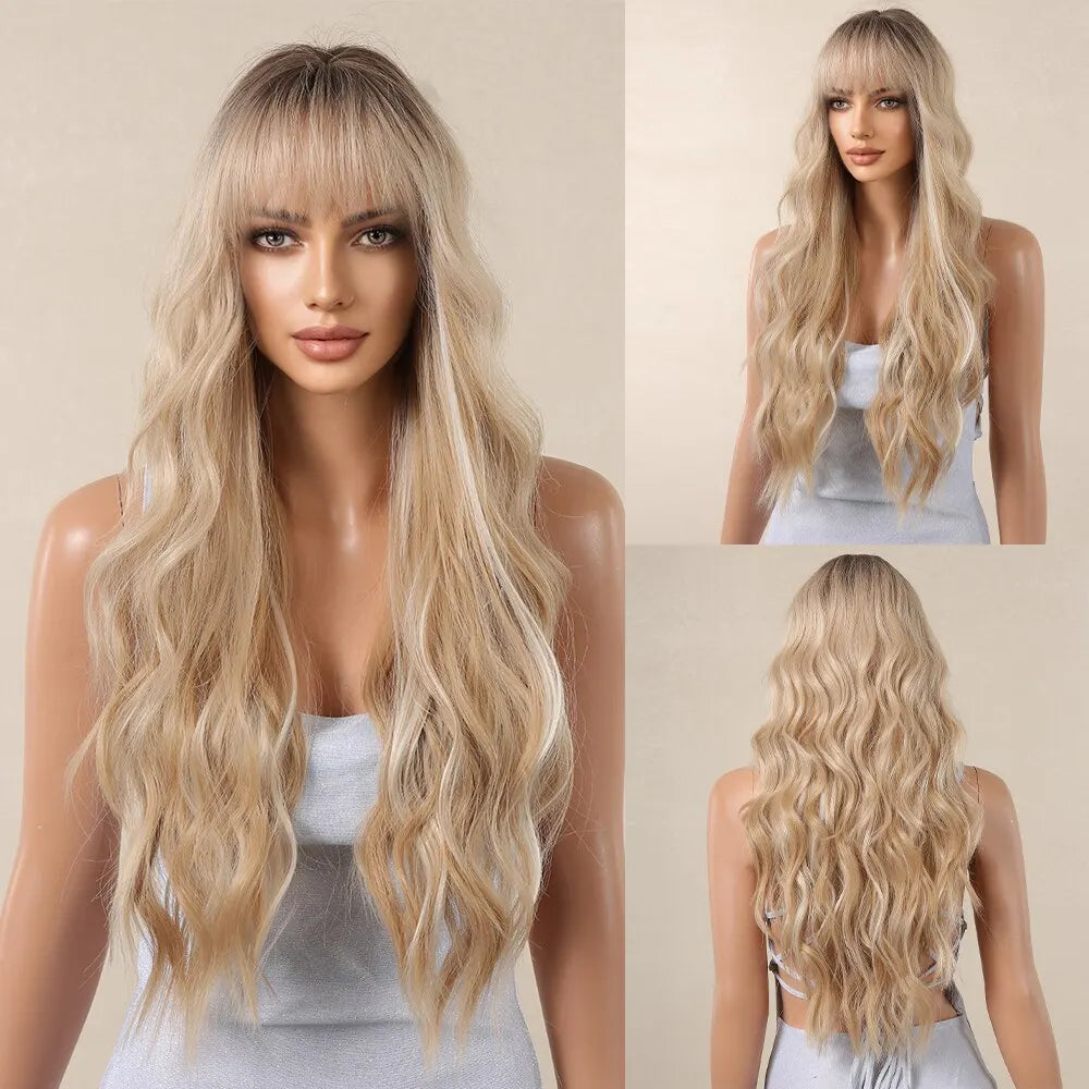 Ash Blonde Curly Long with Bangs Synthetic Wigs 