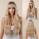 Ash Blonde Curly Long with Bangs Synthetic Wigs 
