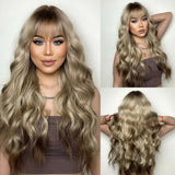 Brown Blonde Curly Long with Bangs Synthetic Wigs 