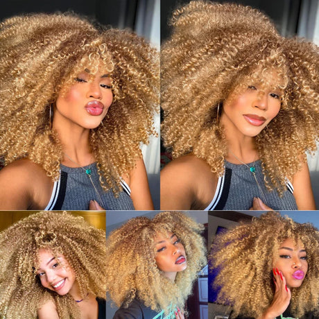 Model Using Curly Wigs Afro with Bangs Fiber Synthetic