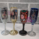 Personalized orange wine flute with glitter and rhinestones, customized champagne glass for weddings and birthdays.