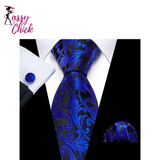 Dark Blue Silk Floral Woven Luxury Handkerchief Cufflinks Necktie Sets Sassy Chick Logo