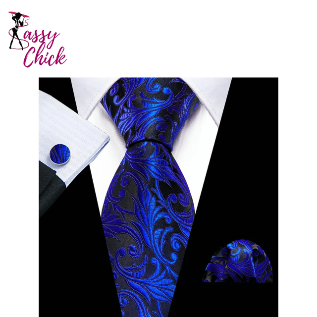 Dark Blue Silk Floral Woven Luxury Handkerchief Cufflinks Necktie Sets Sassy Chick Logo