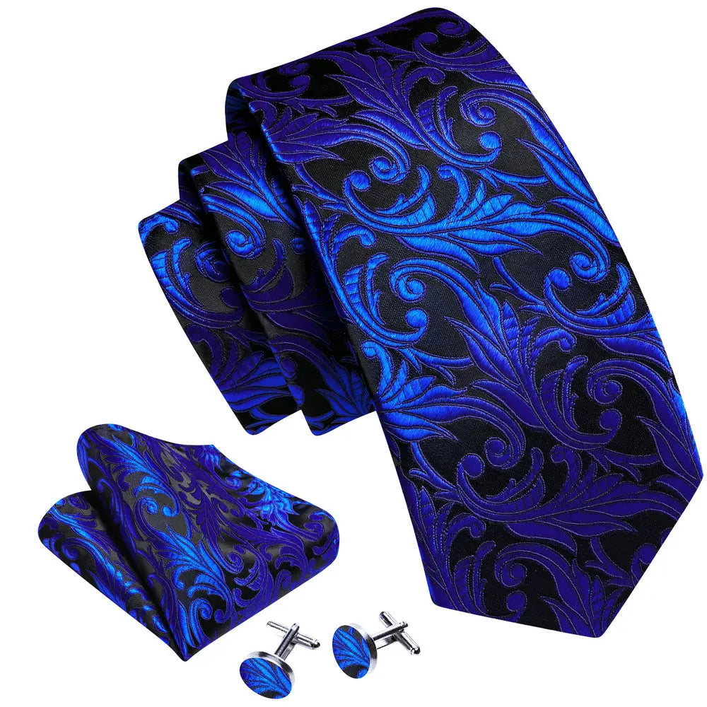 Dark Blue Silk Floral Woven Luxury Handkerchief Cufflinks Necktie Sets