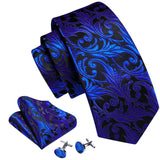 Dark Blue Silk Floral Woven Luxury Handkerchief Cufflinks Necktie Sets