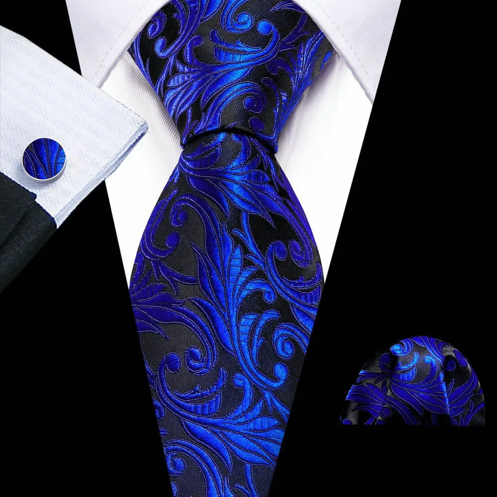 Dark Blue Silk Floral Woven Luxury Handkerchief Cufflinks Necktie Sets
