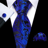 Dark Blue Silk Floral Woven Luxury Handkerchief Cufflinks Necktie Sets