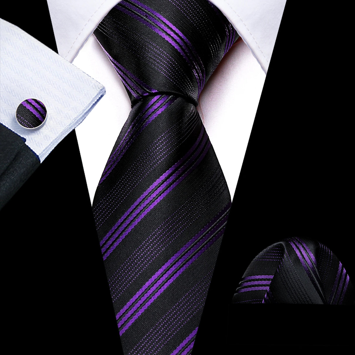 black purple line pattern necktie set