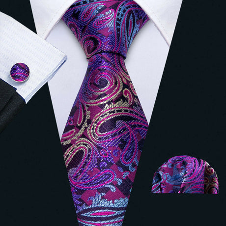 Dark Purple Silk Paisley Jacquard Handkerchief Cufflinks Necktie