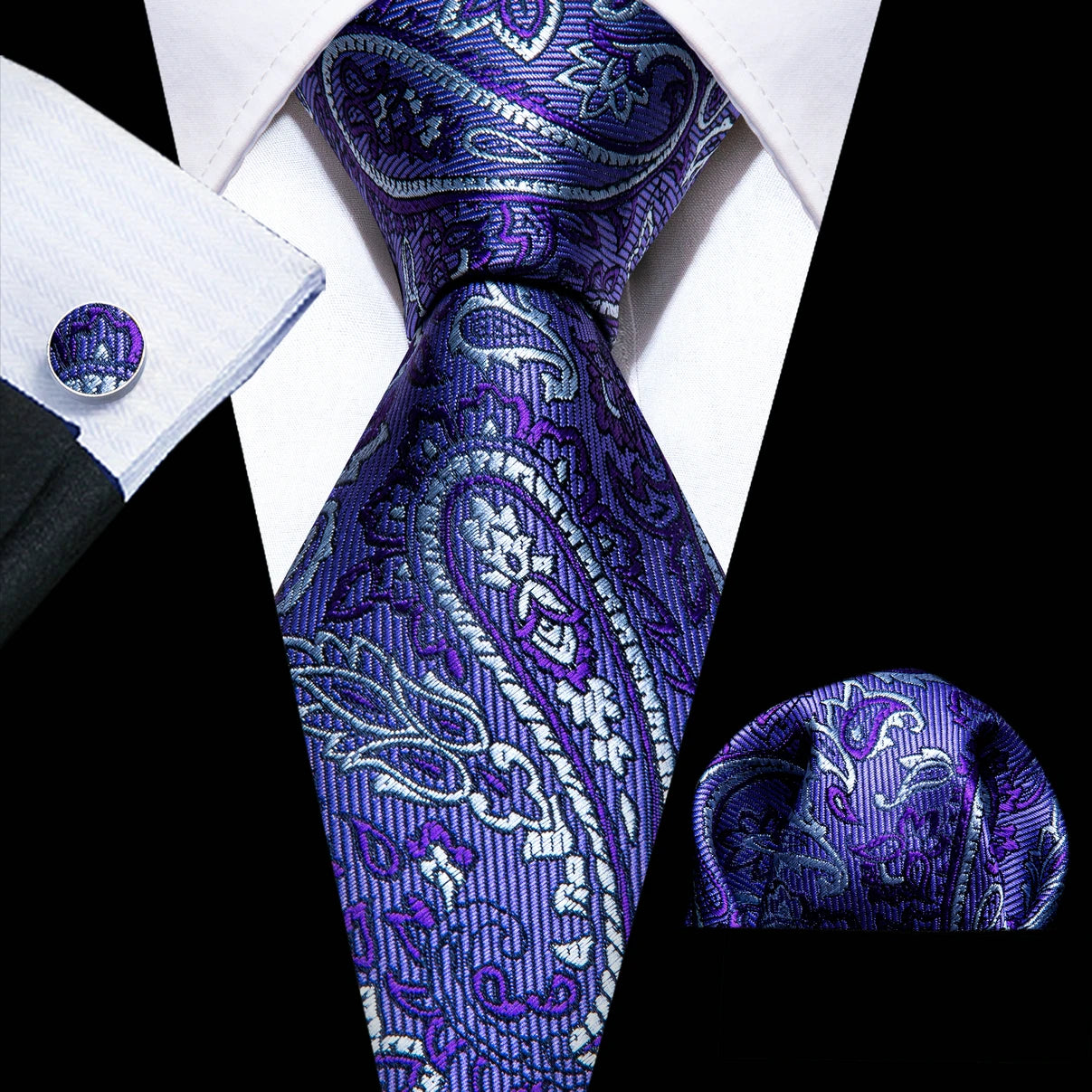 Dark Purple Silk Paisley Jacquard Handkerchief Cufflinks Necktie