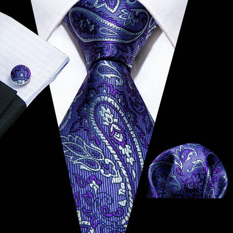 Dark Purple Silk Paisley Jacquard Handkerchief Cufflinks Necktie