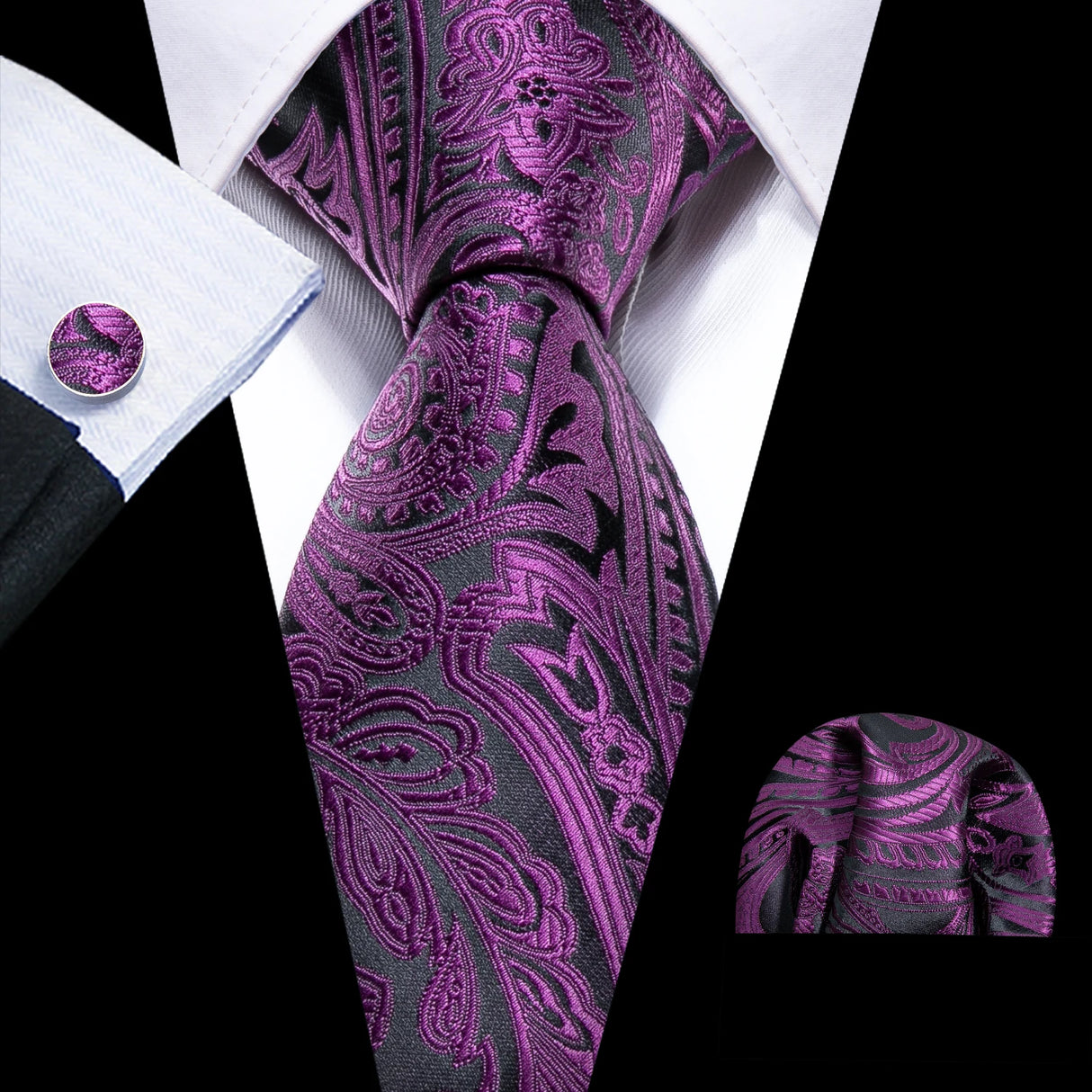 Dark Purple Silk Paisley Jacquard Handkerchief Cufflinks Necktie