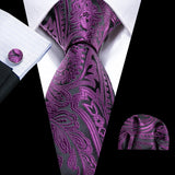 Dark Purple Silk Paisley Jacquard Handkerchief Cufflinks Necktie