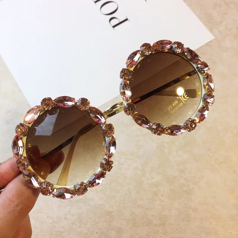 Brown Diamond Crystal Round Sunglasses